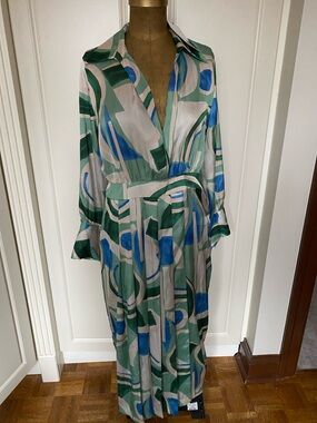 Zara Green, Blue & Cream Abstract Collared Maxi Dress